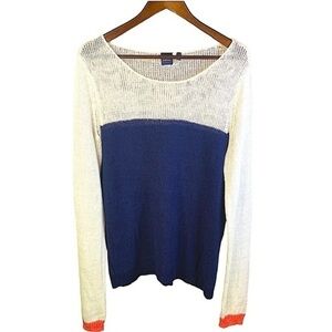 NEW Blue Saks Fifth Avenue Navy Blue & White Linen Sweater Size XL Scoop Neck